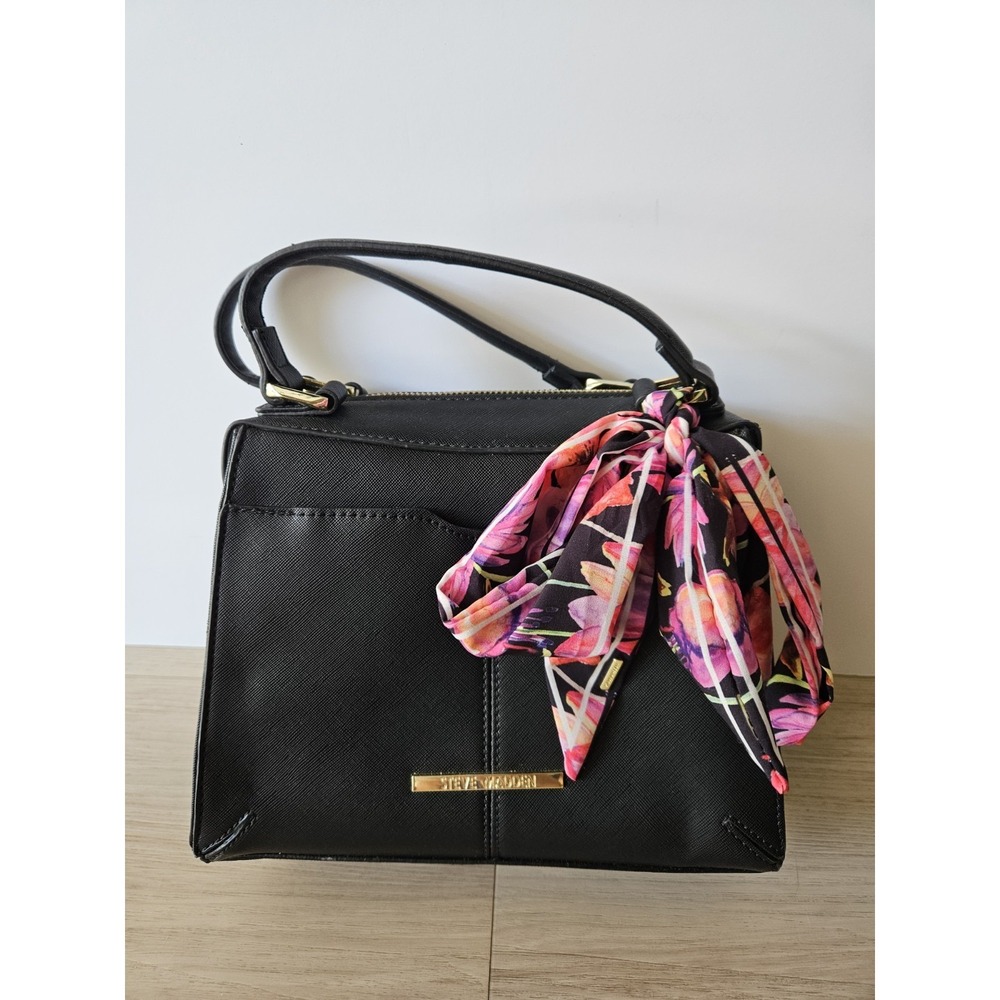 Steve Madden Breese Black Satchel Bag crossbody Floral Scarf Gold Hardware
